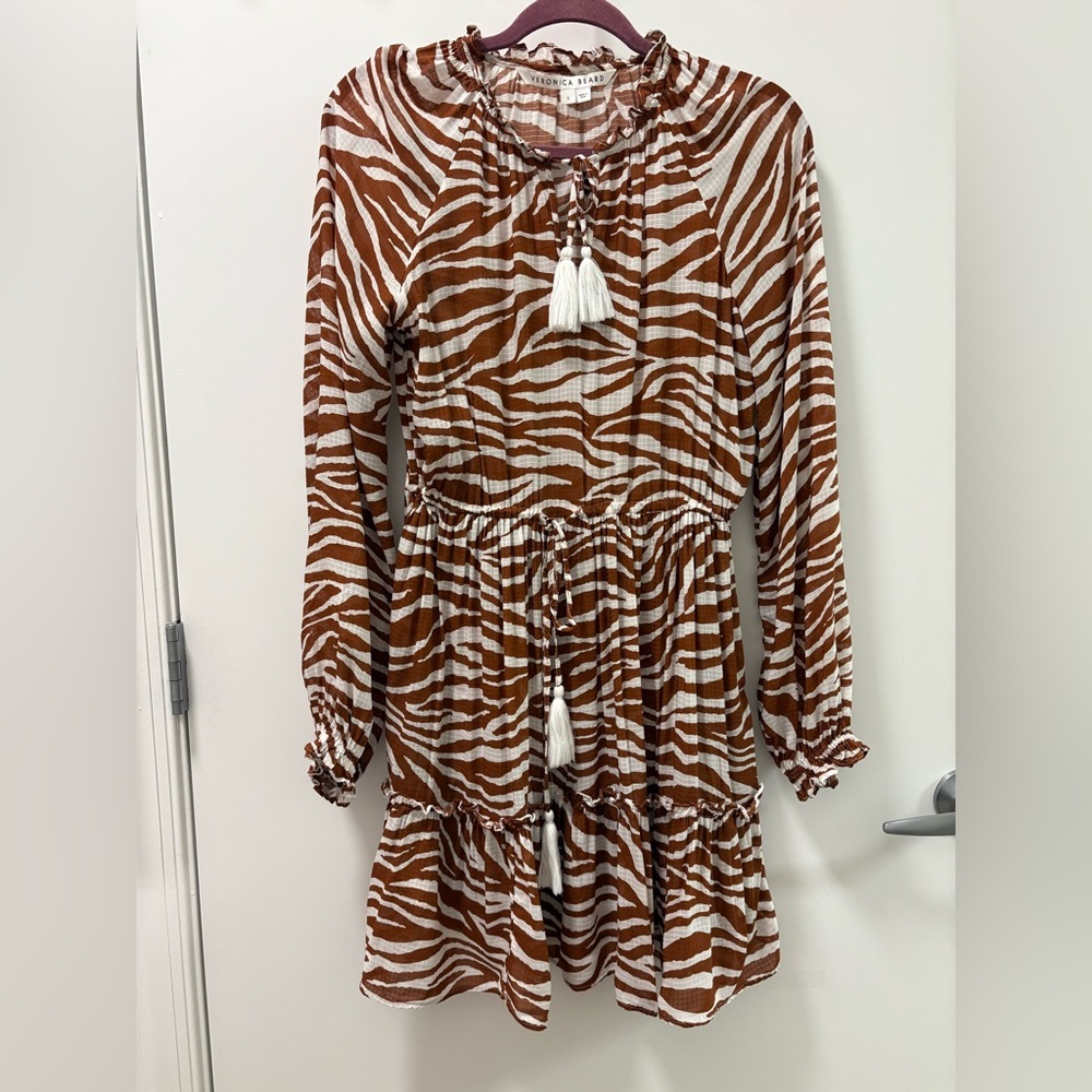 Veronica Beard Danica Tasseled Gathered Animal Print Mini Dress Size S - Picture 3 of 12